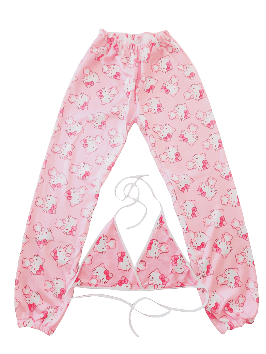Pijama Conjunto de Pantalon con Brasier Peluche Unitalla (CH/M) Modelo:  Kitty Rosa - Cute Shop