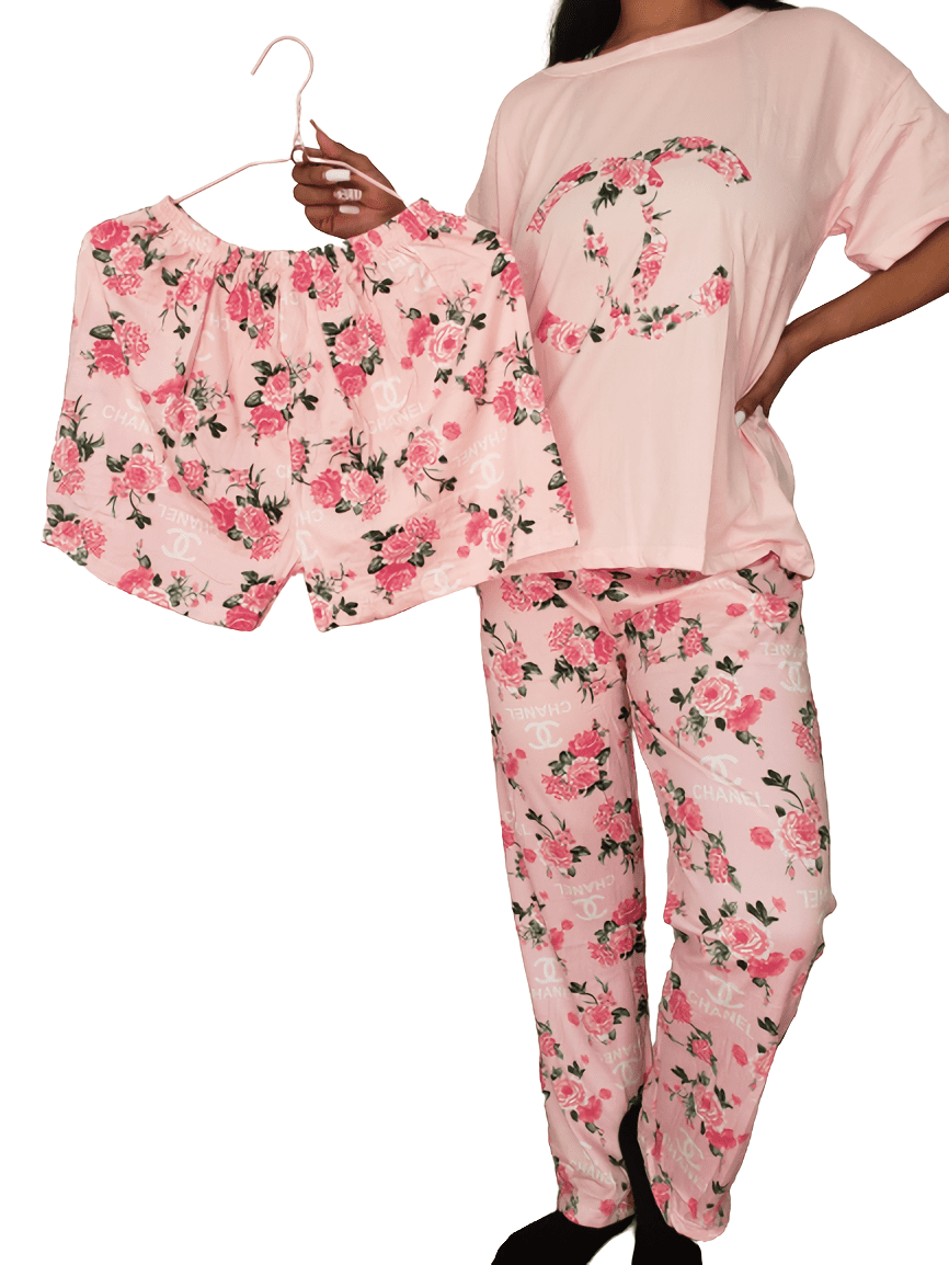 Subir Desnudo Magistrado Pijama Conjunto 3 pzas para Dama Chanel Rosa Flores con Blusa Manga Corta -  Cute Shop