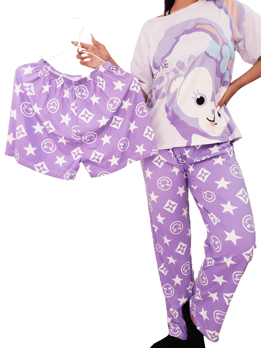 Pijama Conjunto 3 pzas para Dama Lila con Blusa Manga - Cute Shop