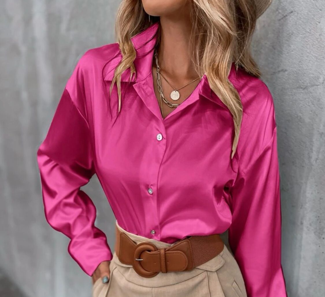 Camisa Larga Satinada Vintage Holgada Para Mujer color Fucsia - Cute Shop