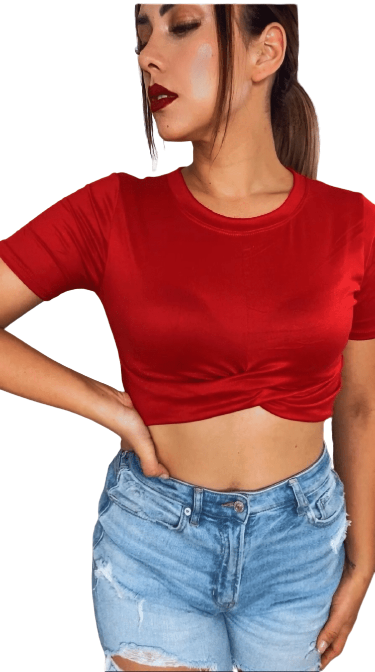 Blusa Corta Lisa Nudo Roja Dama