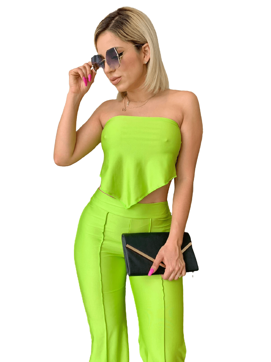 Pantalon Acampanado Con Top Corte Asimetrico Satin Conjunto de 2 piezas Color Verde Limon