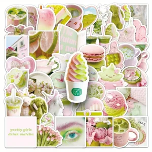Pack con 50 Stickers Impermeables Scrapbooking Flores Verde Rosado