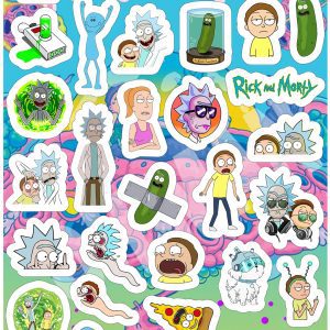 Planilla con 34 Stickers Cortados con Laser Rick and Morty
