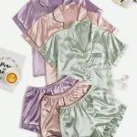 Conjunto de Short y Blusa Pijama Satín cuello de solapa y bolsillo Colores Pasteles