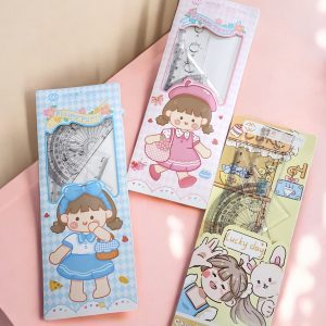 Kit Juego de Geometria 4 Piezas Diseño Muñeca Kawaii