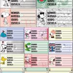 Planilla con 25 Etiquetas Escolares de Materias Tamaño Carta Snoopy