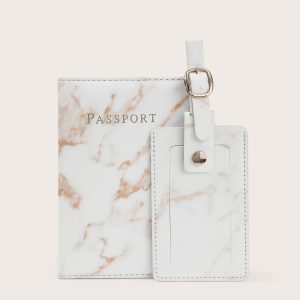 Kit de Estuche para Pasaporte y Etiqueta para Equipaje Marmol Blanco con detalles Rosas