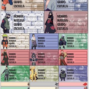Planilla con 25 Etiquetas Escolares de Materias Tamaño Carta Naruto