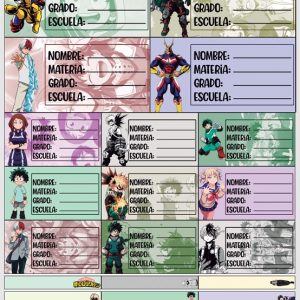 Planilla con 25 Etiquetas Escolares de Materias Tamaño Carta My Hero Academia
