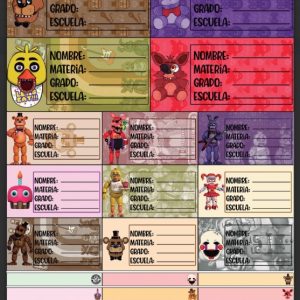 Planilla con 25 Etiquetas Escolares de Materias Tamaño Carta Five Night At Freddys