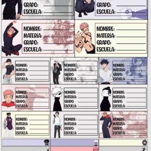 Planilla con 25 Etiquetas Escolares de Materias Tamaño Carta Jujutsu Kaisen