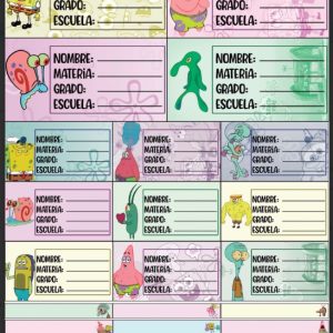 Planilla con 25 Etiquetas Escolares de Materias Tamaño Carta Bob Esponja