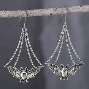 Aretes Pendientes Largos de Aleación Murciélago Plateados