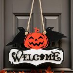 Letrero en MDF Decorativo Welcome Calabaza con Cuervos Halloween