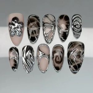 Set de Uñas Reutilizables con 24 piezas Natural Negro y Plata