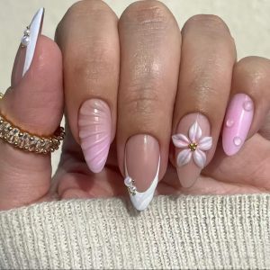 Set de Uñas Reutilizables con 24 piezas Tonos Rosa y Blanco