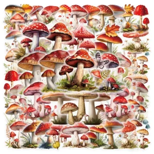 Pack con 50 Stickers Impermeables Hongos Setas Rojizas
