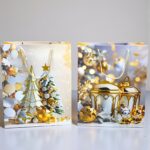 Bolsa de Regalo Navideña Mediana Pinos y Esferas Tonos Dorados