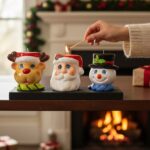 Juego 3 Velas de Ceramica Navideñas Reno Santa y Mono de Nieve