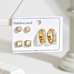 Set de 3 Pares de Aretes de Acero Inoxidable - Arracadas con Brillo y Broqueles Geométricos