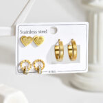 Set de 3 Pares de Aretes de Acero Inoxidable - Diseño de Corazones y Círculos Romanos