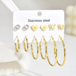 Set de 6 Pares de Aretes de Acero Inoxidable - Broqueles y Arracadas Doradas