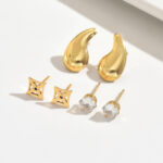 Set de 3 Pares Aretes Luxury: Gotas de Oro y Brillo para Ear Stack Acero Inoxidable ✨