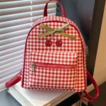 Mochila de Cuadros Vichy con Lazo y Bordado de Cerezas - Estilo Coquette Retro